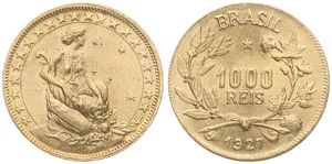Brazil, Republic, 1000 Reis Aluminum-Bronze 1927, Kneeling liberty figure right, KM 525, UNC