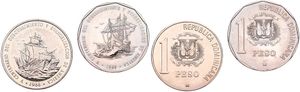 Dominican Republic, Republic, 2 x 1 Peso Copper-Nickel 1988-1989, 500th Anniversary of Discovery and Evangelization, KM 66 & 74, UNC