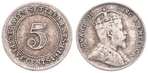 Straits Settlements, British Colony, Edward VII, 5 Cents Silver 1910, Crowned bust right, KM 20a, VF