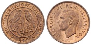 South Africa, British Colony, George VI, 1/4 Penny Bronze 1947, Head left, KM 23, UNC