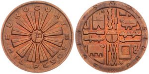 Uruguay, Republic, 1000 Pesos Bronze 1969, F.A.O. - Stylized radiant sun with face, KM 55a, UNC