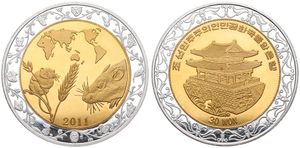 Korea-North, Peoples Republic, 30 Won Bi-Metallic 2011, Year of the Rat, KM New, PROOFLIKE