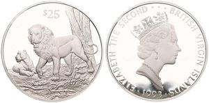 British Virgin Islands, Colony, Elizabeth II, 25 Dollars Silver 1993, Endangered Wildlife - Asian Lions, KM 150, PROOF