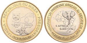 Niger, Republic, 6000 CFA - 4 Africa Bi-Metallic 2003, President, map & lion, KM X 14, UNC