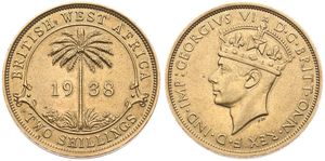 British West Africa, Colony, George VI, 2 Shillings Nickel-Brass 1938KN, Crowned bust left, KM 24, A.UNC