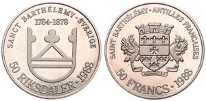 Saint Barthelemy, French Colony, 50 Francs / 50 Riksdaler Nickel 1988, National arms with supporters, KM X 1, UNC 