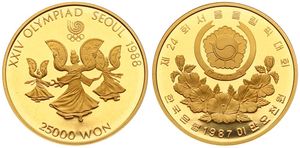 Korea-South, Republic, 25000 Won Gold 1987, Seoul Olympics - Fan dancing, KM 64, PROOF, Comes in original box with certificate of authenticity (*)