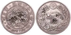 Japan, Empire, Mutsuhito, 1 Yen Silver Yr.23 (1890), Dragon within beaded circle and Chinese countermarks, KM A25.3, VF