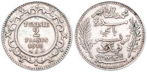 Tunisia, French Protectorate, Muhammad al-Nasir Bey, 2 Francs Silver AH1334-1915, Inscription within sprigs, KM 239, XF