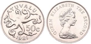 Tuvalu, Constitutional Monarchy within the Commonwealth, Elizabeth II, 50 Cents Copper-Nickel 1981, Giant Octopus, KM 6, UNC