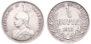 German East Africa, Colony, Wilhelm II, 1/4 Rupie Silver 1913J, Armored bust left, KM 8, VF