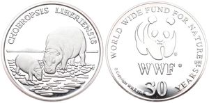 WWF, World Wide Fund for Nature, Medal in Silver 1986, 30th Anniversary of WWF - Choeropsis Liberiensis (Dwarf Hippopotamus) / WWF Logo surrounded by legend, PROOF