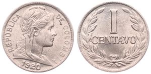 Colombia, Republic, 1 Centavo Copper-Nickel 1920, Liberty head right, KM 275, XF/AU