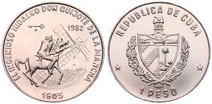 Cuba, Second Republic, 1 Peso Copper-Nickel 1982, Hidalgo Don Quijote, KM 92, UNC