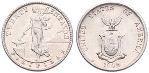 Philippines, United States Administration, 20 Centavos Silver 1944D, Eagle with wings open above shield, KM 182, UNC