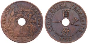 French Indo-China, Colony, 1 Cent Bronze 1897A, Center hole within Statue, KM 8, VF