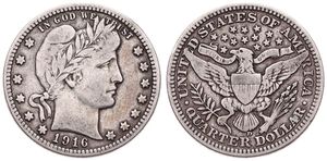 United States of America, Republic, 1/4 Dollar Silver 1916D, Barber quarter, KM 114, VF