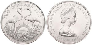 Bahamas, Commonwealth, Elizabeth II, 2 Dollars Silver 1972, Two Flamingos, KM 23, UNC