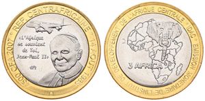 Central African Republic, Republic, 4500 CFA - 3 Africa Bi-Metallic 2007, Pope John Paul II, KM X13, UNC