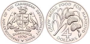 Dominica, British Colony, Elizabeth II, 4 Dollars Copper-Nickel 1970, F.A.O. - Sugar cane and Banana tree branch, KM 11, UNC