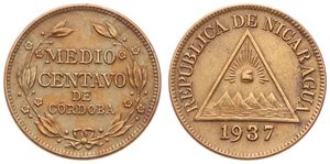 Nicaragua, Republic, 1/2 Centavo Bronze 1937, National arms, KM 10, UNC- (cleaned)
