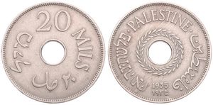 Palestine, British Administration, 20 Mils Copper-Nickel 1935, Date below center hole, KM 5, XF