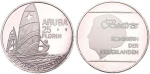 Aruba, Dutch Dependency, Beatrix, 25 Florin Silver 1992, Olympic Games - Windsurfing, KM 10, PROOF