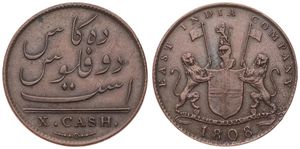 India-British, Madras Presidency, Colony, 10 Cash Copper 1808, Helmeted arms with lion supporters, KM 319, XF