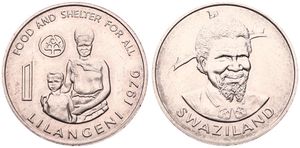 Swaziland, Kingdom, Sobhuza II, 1 Lilangeni Copper-Nickel 1976, F.A.O. - Food and Shelter for all, KM 28, UNC