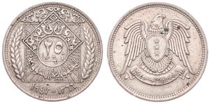 Syria, Republic, 25 Piastres Silver AH1366-1947, Imperial Eagle, KM 79, A.XF