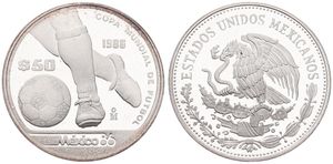 Mexico, Estados Unidos, 50 Pesos Silver 1986, World Championship Soccer - Pair of feet and soccer ball, KM 498a, PROOF