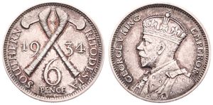 Southern Rhodesia, British Colony, George V, 6 Pence Silver 1934, Crowned bust left, KM 2, KEY DATE, A.XF