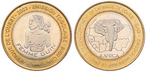 Togo, Republic, 6000 CFA Francs Bi-Metallic 2003, Topless girl within circle, KM X21, UNC