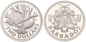 Barbados, Commonwealth, 2 Dollars Copper-Nickel 1973, Staghorn coral and fish, KM 15, PROOF