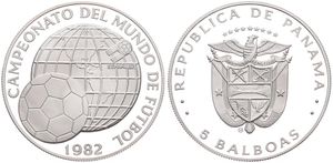 Panama, Republic, 5 Balboas Silver 1982, World Championship Soccer - Soccer ball & world globe, KM 77, PROOF