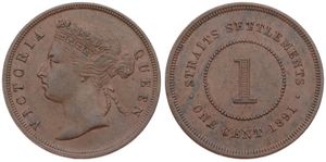 Straits Settlements, British Colony, Victoria, 1 Cent Bronze 1891, Crowned bust left, KM 16, XF !