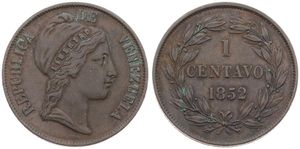 Venezuela, Republic, 1 Centavo Copper 1852, Liberty head right, KM 6, SCARCE, VF/XF