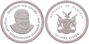 Namibia, Republic, 1 Ounce Silver 1990, Independence - Bust of President Sam Nujoma facing, KM X MB3, PROOF