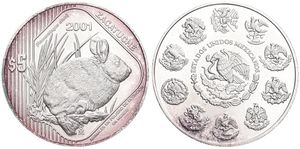 Mexico, Estados Unidos, 5 Pesos Silver 2001, Endangered Wildlife - Volcano Rabbit, KM 660, UNC