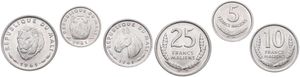 Mali, Republic, 5, 10 & 25 Francs Aluminum 1961, Various animal designs, KM 2/4, UNC