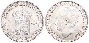 Netherlands East Indies, Dutch Administration, Wilhelmina I, 1 Gulden Silver 1943D, Head left, KM 330, A.UNC