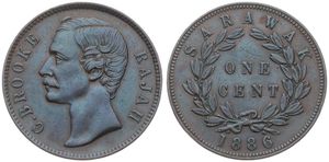 Sarawak, British Colony, Charles J. Brooke Rajah, 1 Cent Copper 1886, Head left, KM 6, XF