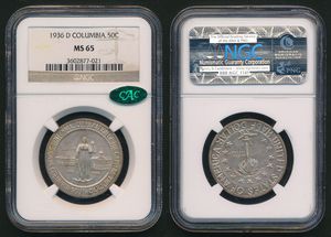 United States of America, Republic, 1/2 Dollar Silver 1936D, Columbia - South Carolina Sesquicentennial, KM 178, NGC Graded MS-65