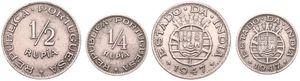 India-Portuguese, Colony, 1/4 & 1/2 Rupia Copper-Nickel 1947, Crowned national arms, KM 25/26, VF