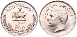Iran, Kingdom, Muhammad Reza Pahlavi Shah, 10 Rials Copper-Nickel SH1348 (1969), F.A.O. - Crown above radiant lion holding sword within wreath, KM 1182, UNC