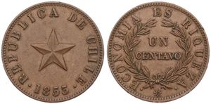 Chile, Republic, 1 Centavo Copper 1853, 5-pointed raised star - dots flank date, KM 127 (coin rotation), XF