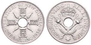 New Guinea, Australian Territory, George VI, 1 Shilling Silver 1938, Crown and scepters around center hole, KM 8, UNC 