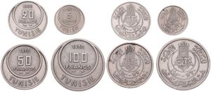 Tunisia, French Protectorate, Muhammad al-Amin Bey, 5, 20, 50 & 100 Francs Copper-Nickel 1950-1957, Value and date within upper circle, KM 274/277, XF
