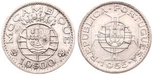 Mozambique, Portuguese Colony, 10 Escudos Silver 1955, National arms within crowned globe, KM 79, XF