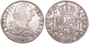 Mexico, Spanish Colony, Charles IV, 8 Reales Silver 1790FM, Armored bust right / Crowned arms flanked by pillars, KM 107, XF 